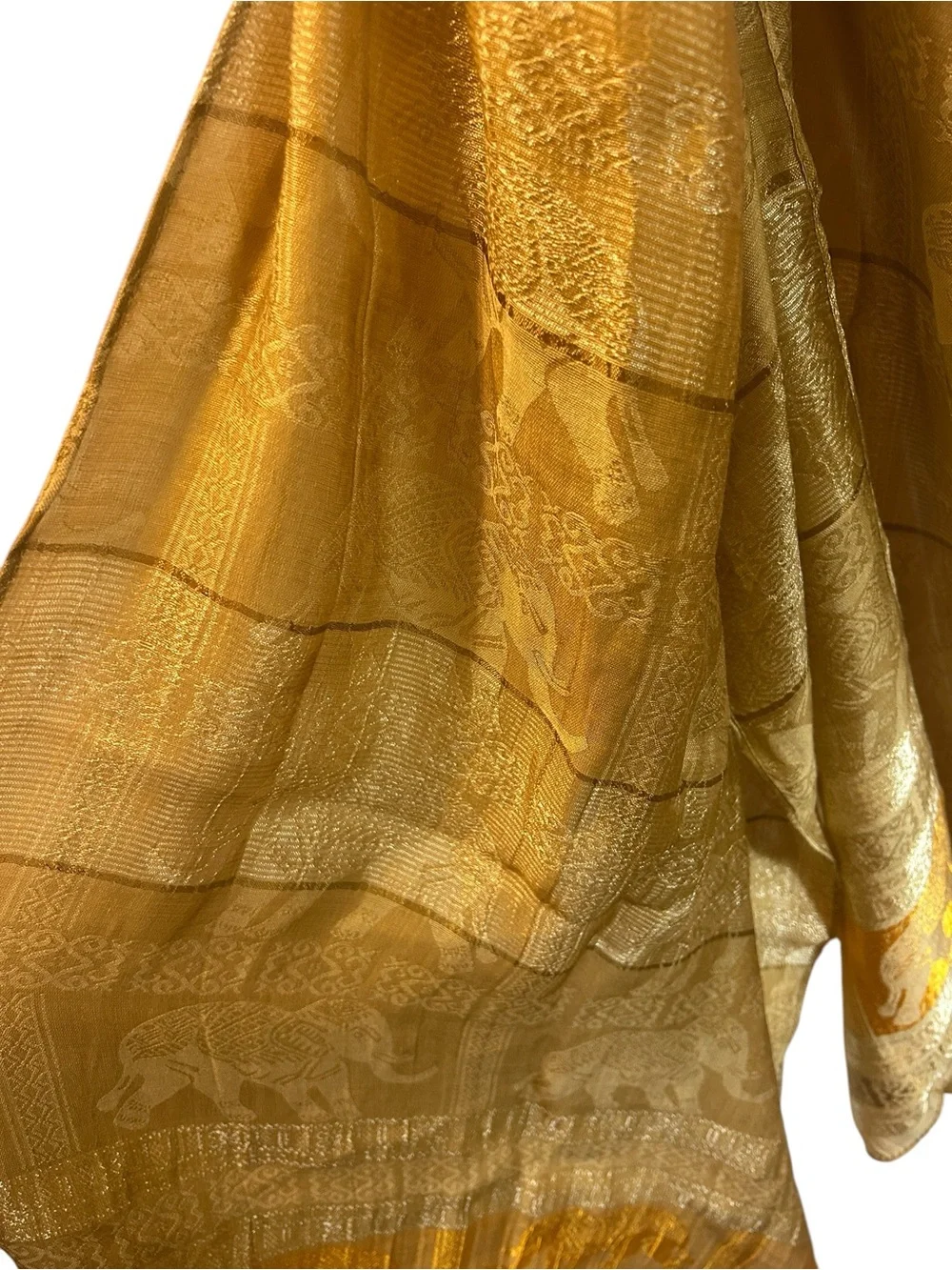 Gold Elephant Print 100% Silk Scarf Wrap Shawl Metallic Boho Festival